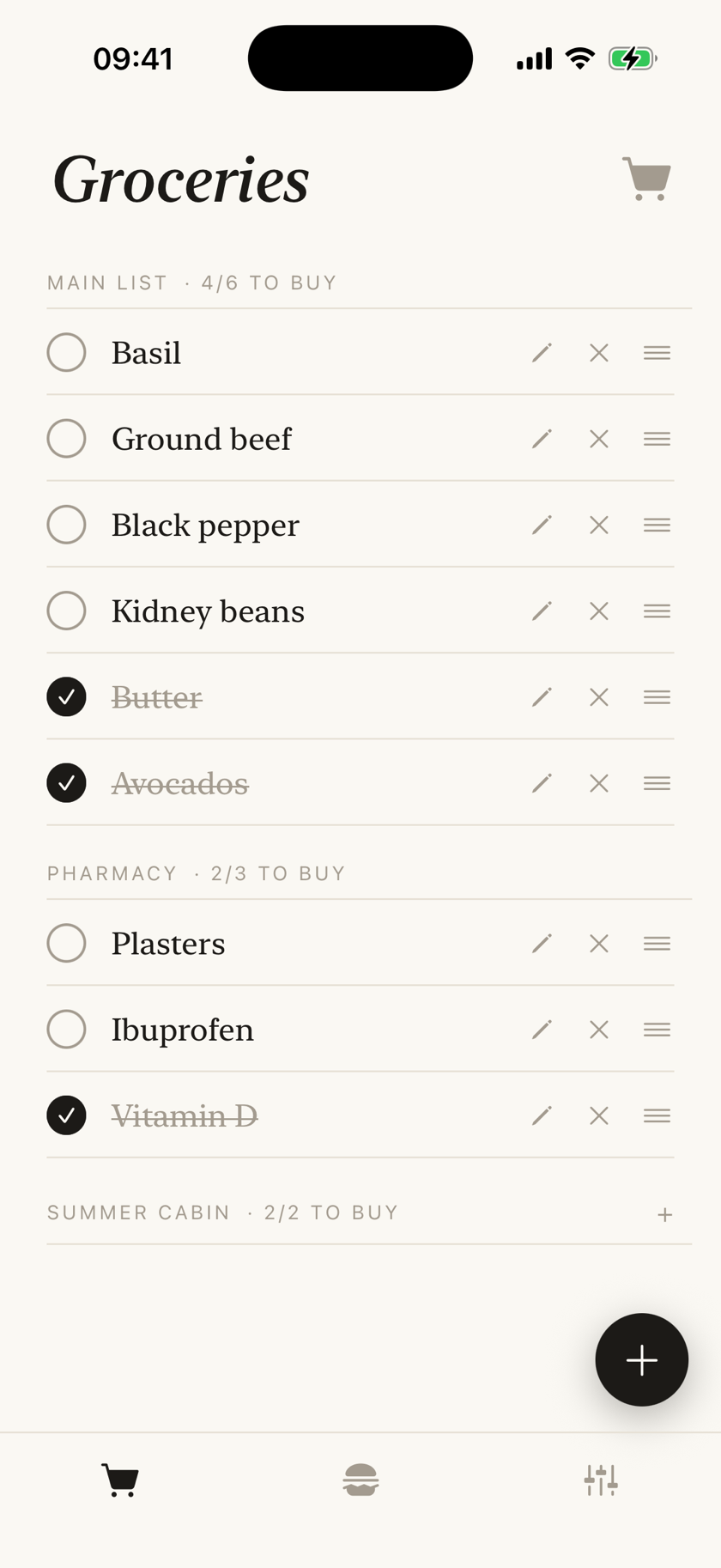 Tikki's grocery list: pending items on top, checked-off items struck through below