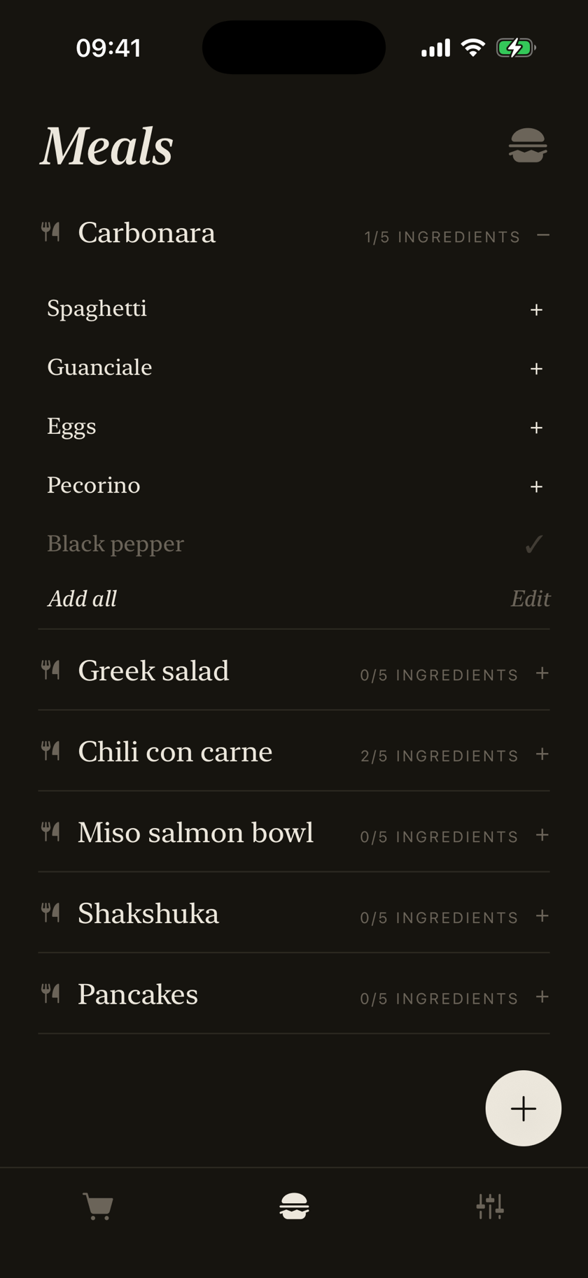 Tikki's meals screen with the Carbonara recipe expanded to add its ingredients